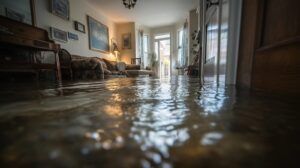 Floodwater covering the floor of a living room with furniture partially submerged.