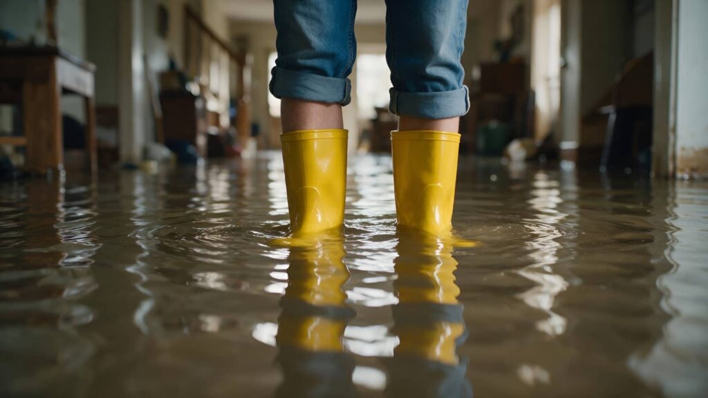 Person wearing yellow rain boots standing in a flooded indoor space with water covering the floor.
