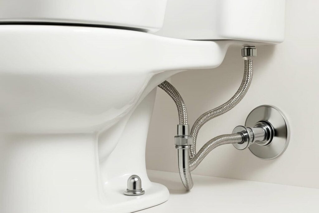 Close-up of a toilet's water supply lines and shutoff valve connected to the tank.