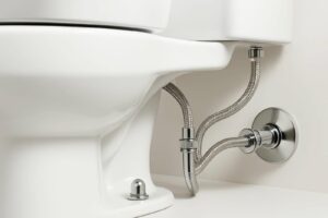 Close-up of a toilet's water supply lines and shutoff valve connected to the tank.