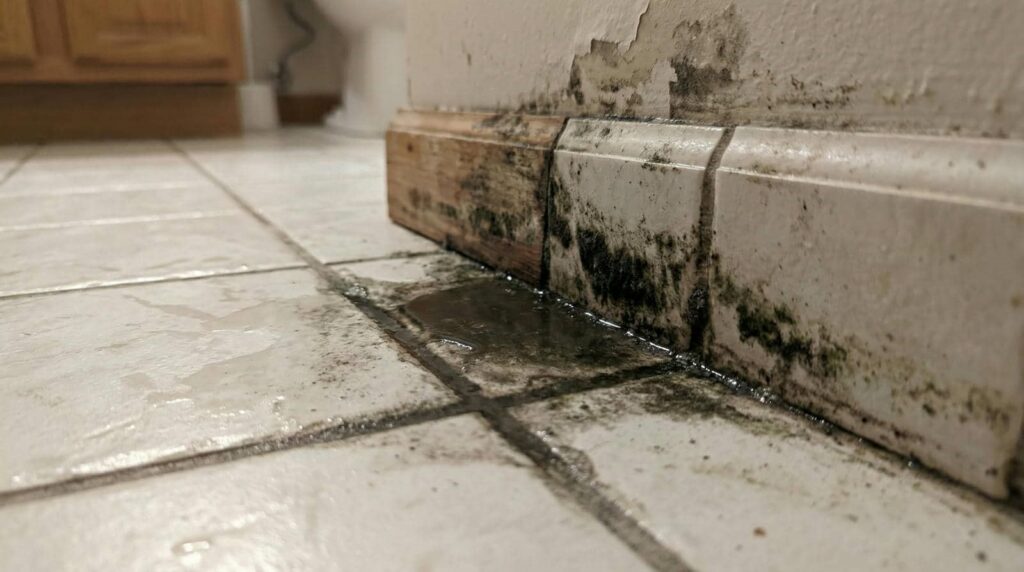 Mold and water damage on floor tiles and baseboard near a wall corner.