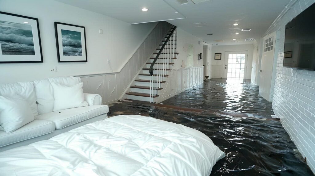 Living room flooded with dark water covering the floor up to the stairs and door.