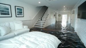 Living room flooded with dark water covering the floor up to the stairs and door.