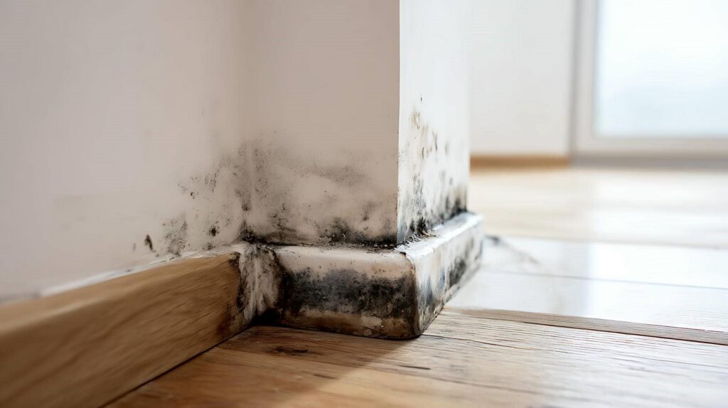Black mold growth on the baseboard and corner of a white wall near a wooden floor.