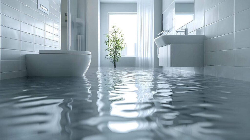 Bathroom flooded with water nearly covering the floor and a small tree near the window.