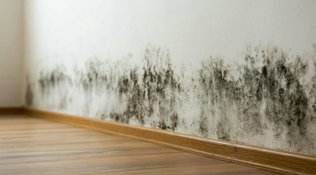 Black mold growing along the base of a white wall above wooden floorboards.