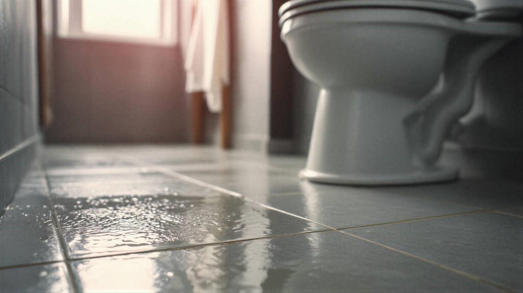 Water pooled on a bathroom floor near a toilet.