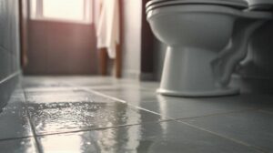 Water pooled on a bathroom floor near a toilet.