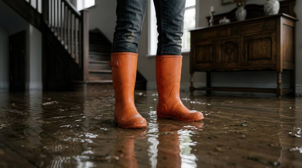 Person wearing orange rain boots standing in a flooded room with wooden furniture.