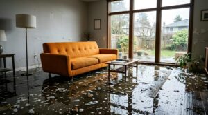 Living room with orange sofa and coffee table flooded with water and foam.