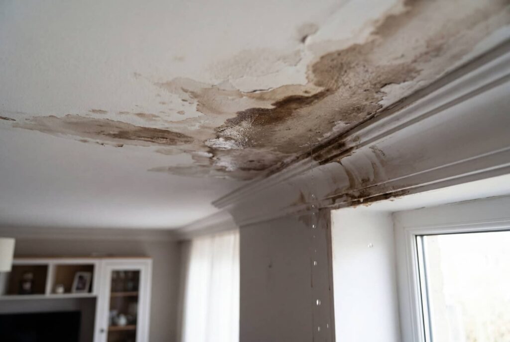 Water-damaged ceiling with brown stains and water dripping near a window corner.