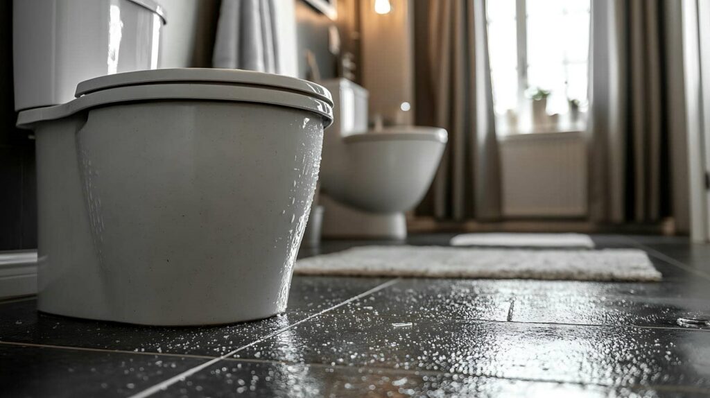 Wet bathroom floor with a closed toilet lid and a toilet in the background.