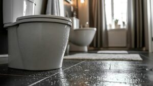 Wet bathroom floor with a closed toilet lid and a toilet in the background.
