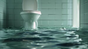 A flooded bathroom with water nearly reaching a toilet against tiled walls.