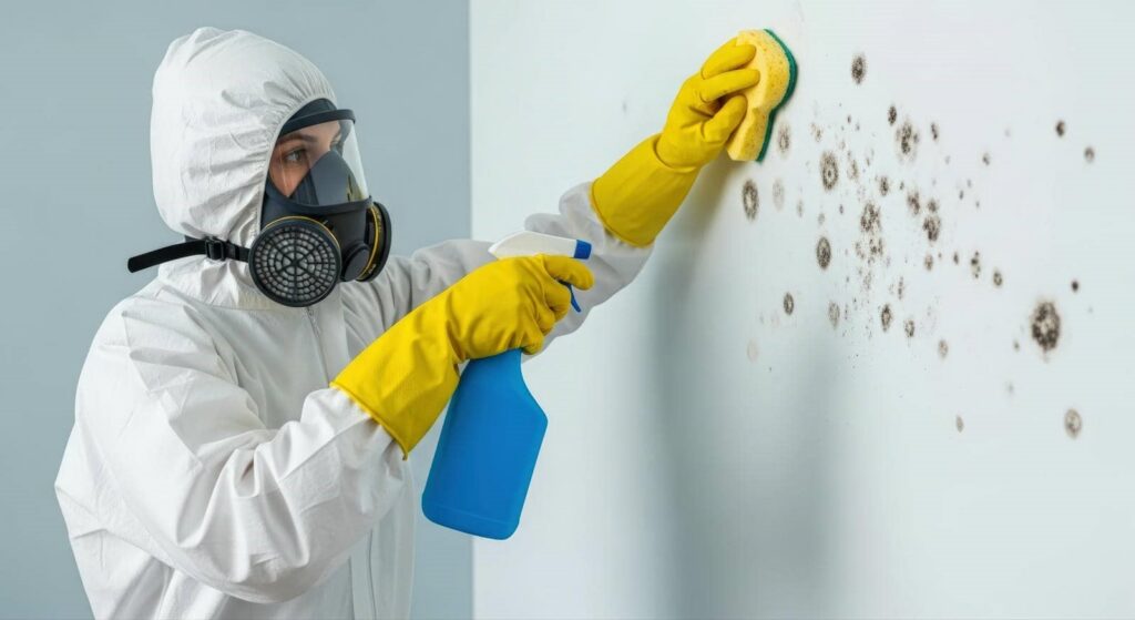 Person in protective suit and mask cleaning mold off a wall with a sponge and spray bottle.