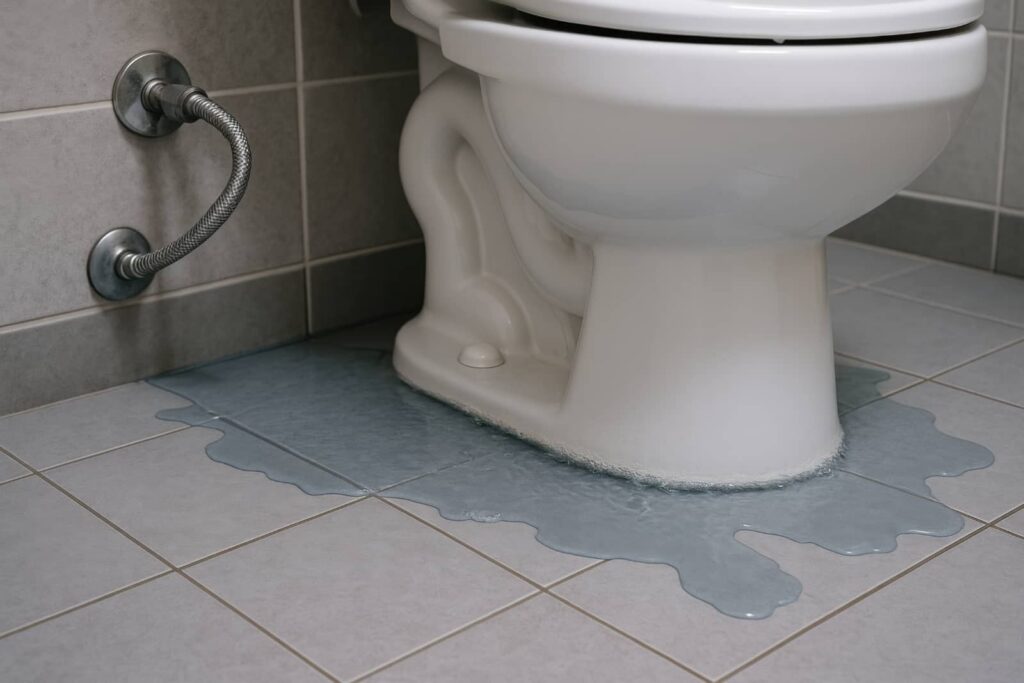 Water leaking and pooling around the base of a toilet on a tiled bathroom floor.