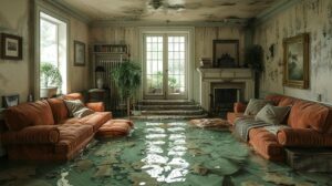 Living room flooded with water, showing two orange sofas partially submerged and mold on walls and ceiling.