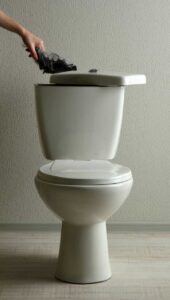 Hand holding a black plastic bag above an open toilet tank.