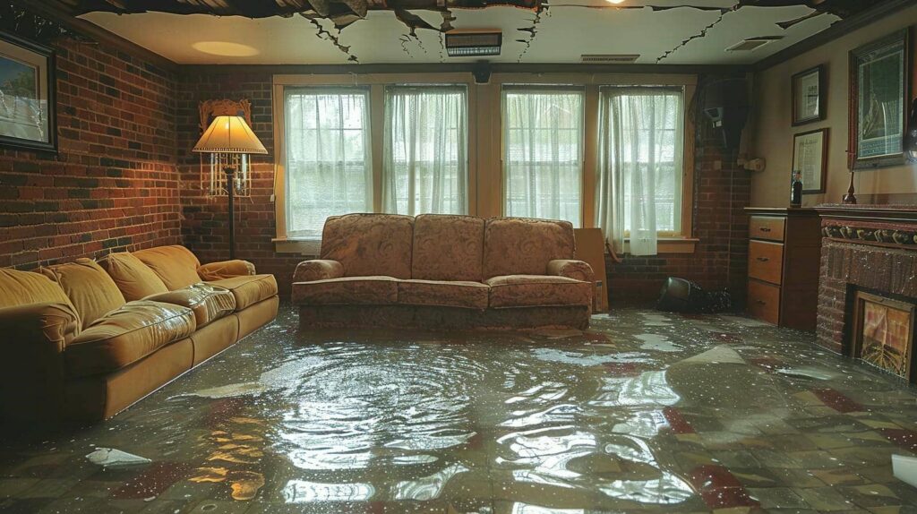 Living room with two sofas and a flooded floor reflecting light from windows.