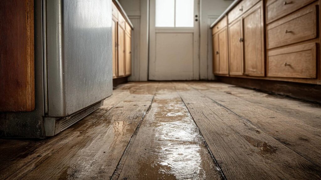Wet wooden floorboards in a kitchen with wooden cabinets and a metal refrigerator.