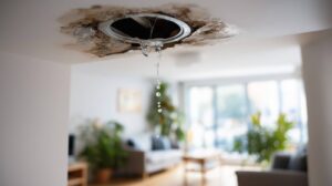 Water leaking from a damaged ceiling vent with mold and stains in a living room.