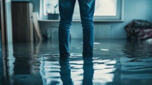 Person standing in water flooding inside a room, water reaching their calves.