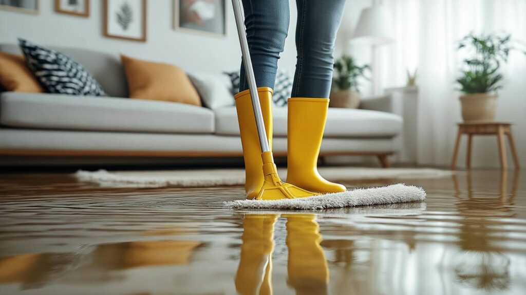 Person in yellow boots mopping a flooded living room floor with a sofa and plants in the background.