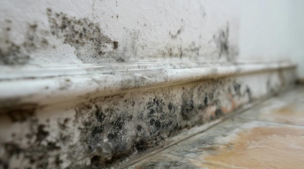 Black mold growth on a white wall and baseboard near a tiled floor.