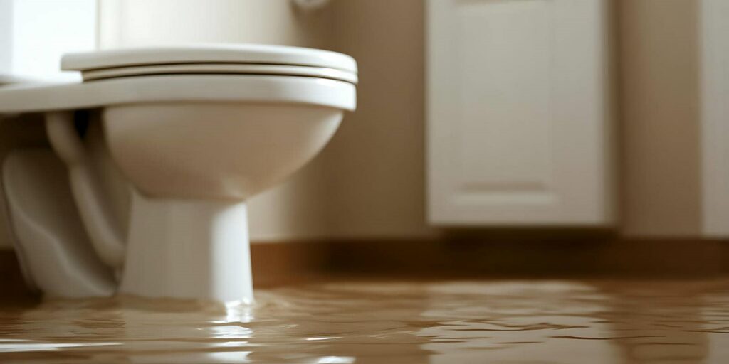 Toilet bowl surrounded by floodwater inside a bathroom.