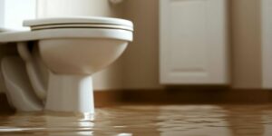 Toilet bowl surrounded by floodwater inside a bathroom.