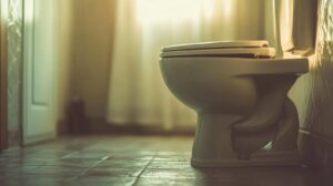 Toilet bowl with closed lid in a softly lit bathroom with tiled floor.