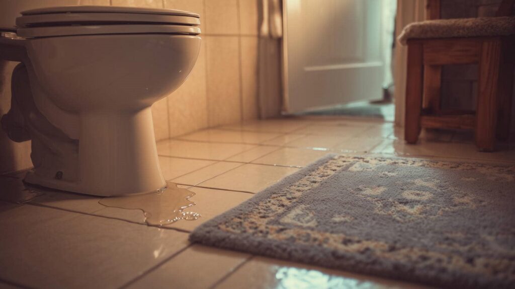 Water leaking from the base of a toilet onto a tiled bathroom floor near a rug and wooden stool.