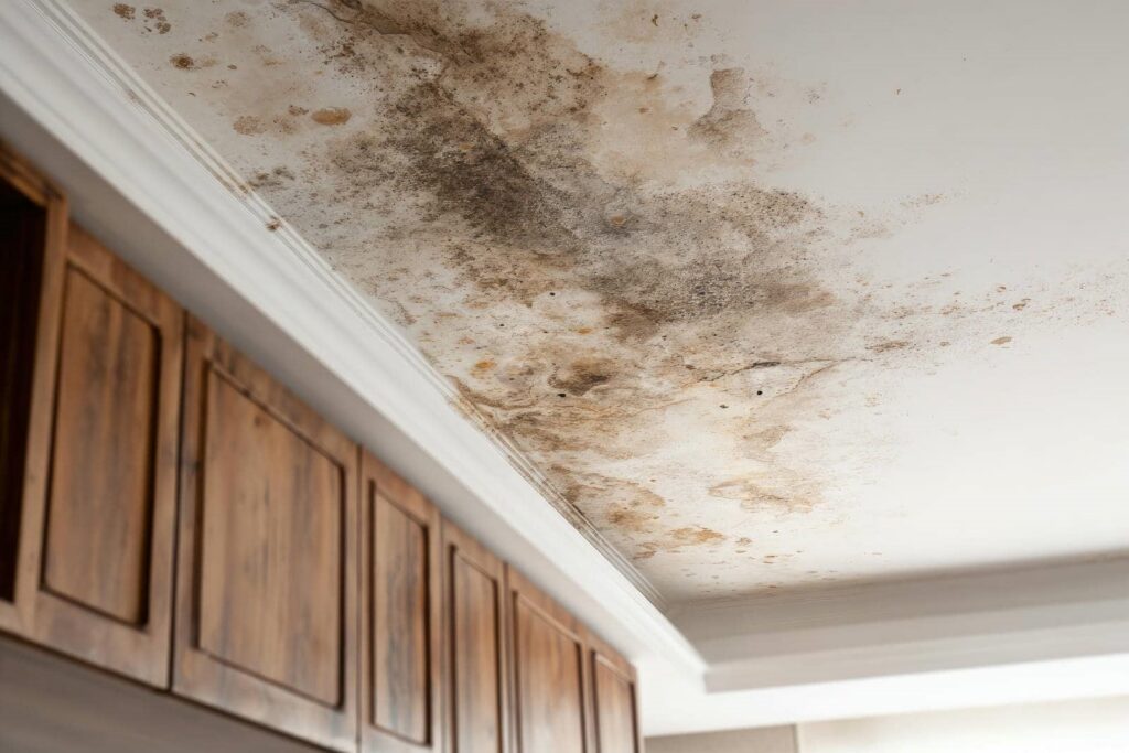 Ceiling with extensive mold and water damage above wooden cabinets.