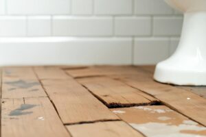 Worn and cracked wooden floorboards with a white ceramic toilet base on the right.