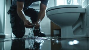 Person kneeling on a flooded bathroom floor, holding water in their hands near a toilet.