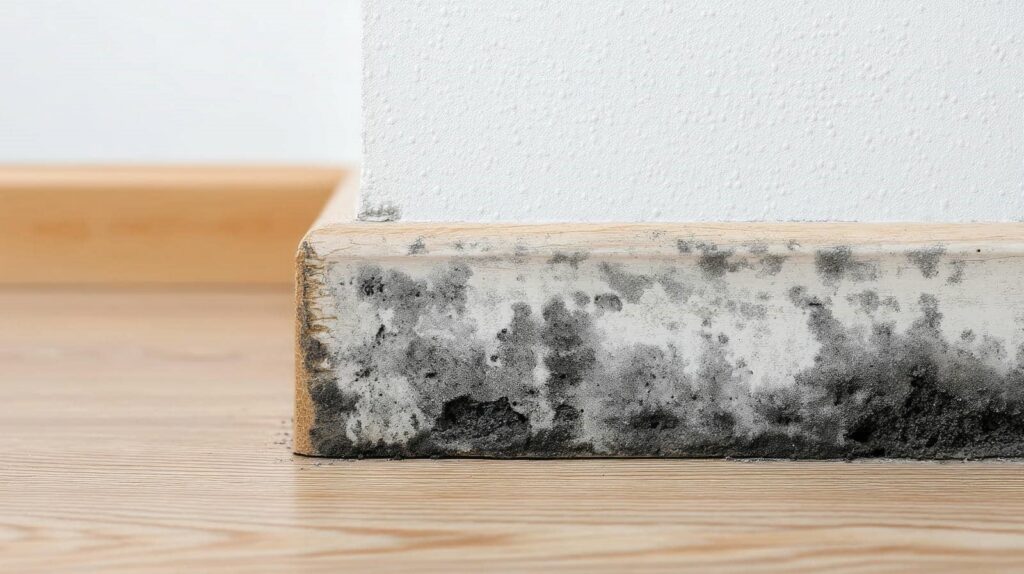 Black mold growth on the baseboard of a white wall above a wooden floor.