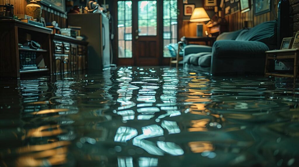 Living room flooded with water reflecting furniture and lights.