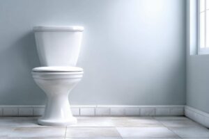 White toilet against a light gray wall with tiled floor and a window on the right side.