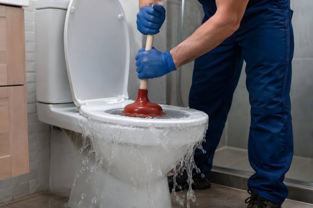 Person wearing blue gloves plunging an overflowing toilet with water spilling onto the floor.