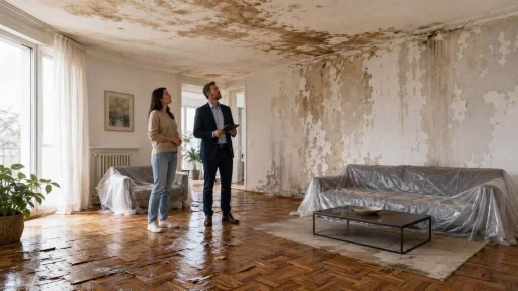 Two people inspecting a living room with water damage on the ceiling, walls, and floor.
