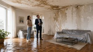 Two people inspecting a living room with water damage on the ceiling, walls, and floor.
