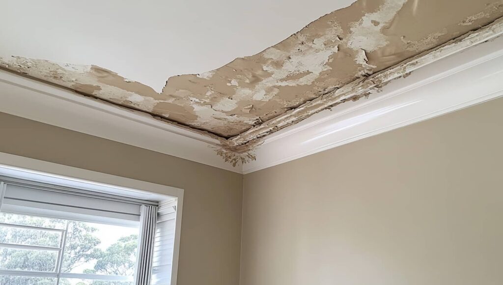 Ceiling corner with extensive water damage and peeling paint near a window.