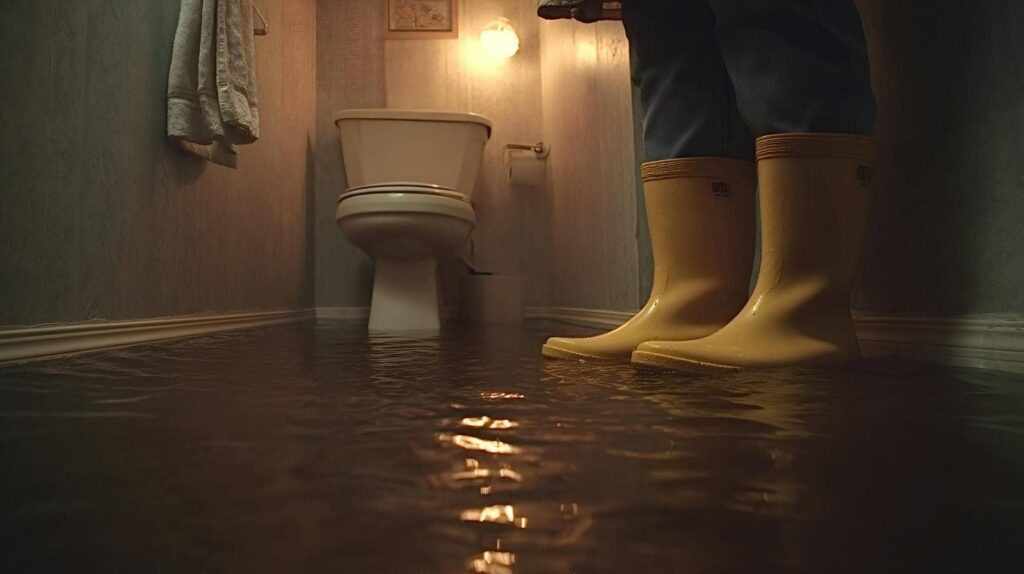 Person wearing yellow rain boots standing in a flooded bathroom near a toilet.