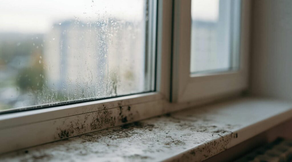 Mold and dirt buildup on a white windowsill and window frame with raindrops on the glass.