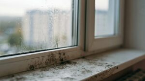 Mold and dirt buildup on a white windowsill and window frame with raindrops on the glass.