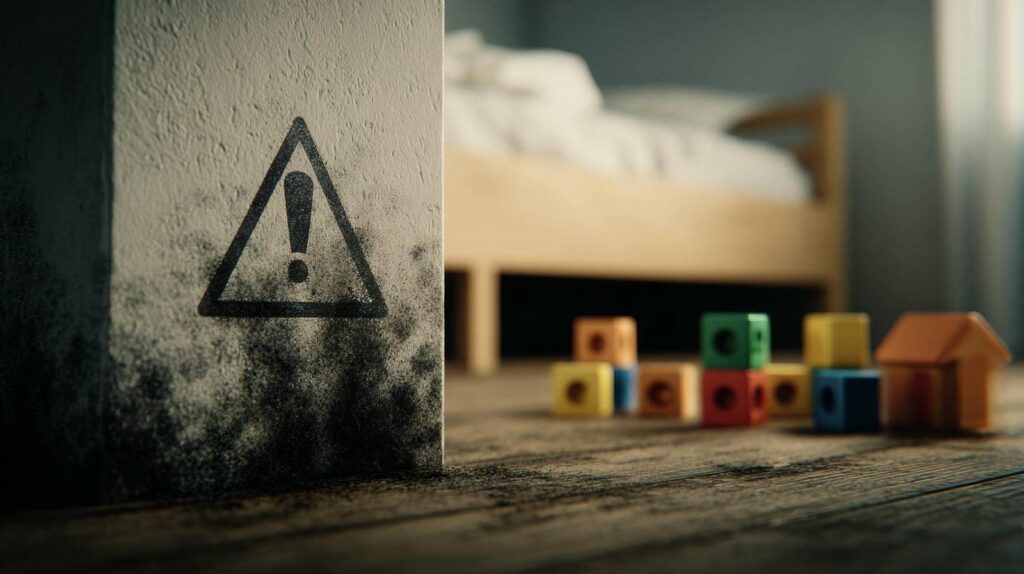 Exclamation mark warning sign on a wall near a child's bed with scattered colorful blocks on the floor.
