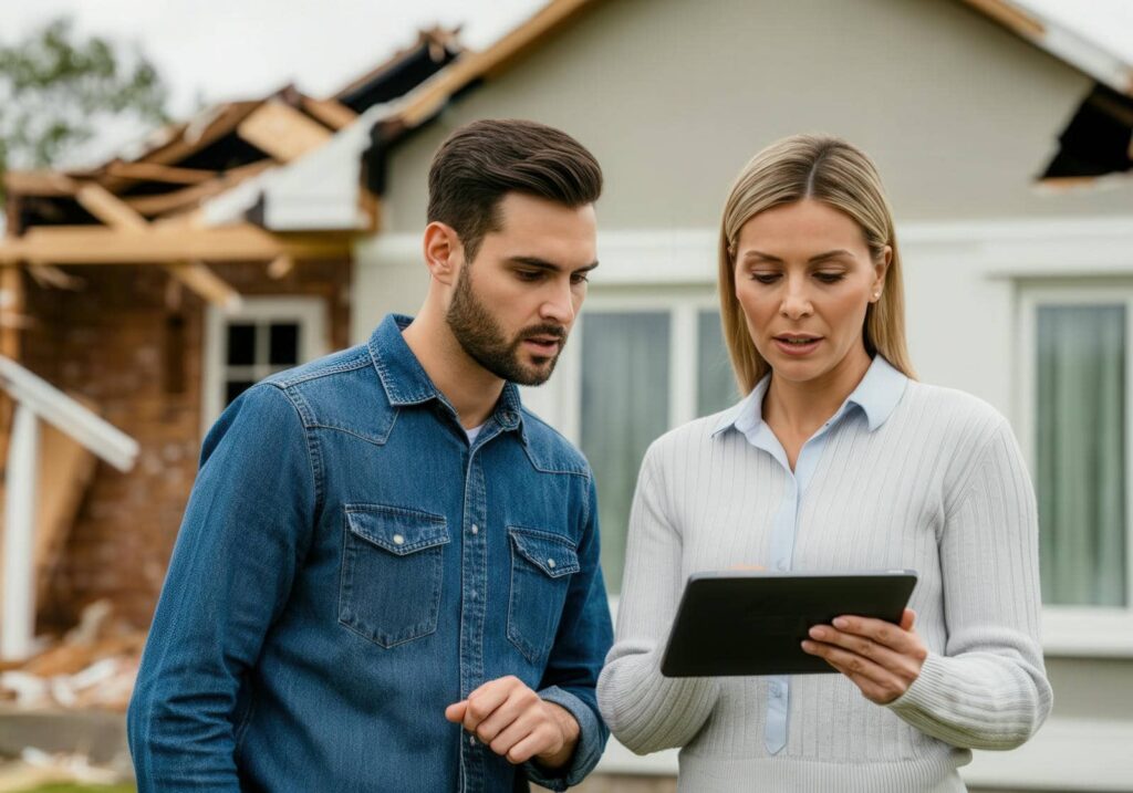A man and woman looking at a tablet in front of a damaged house with a broken roof.