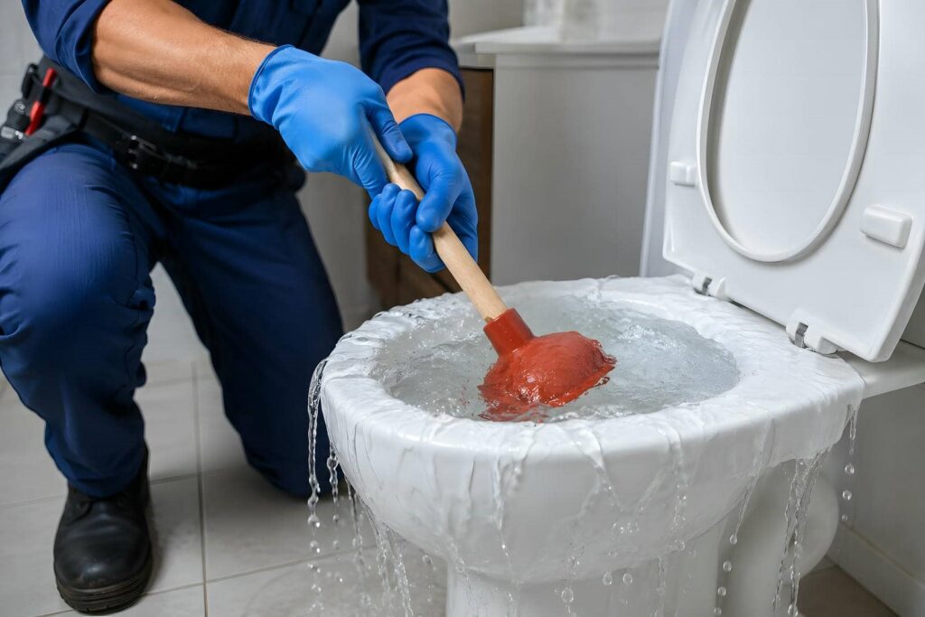 Plumber using a plunger on an overflowing toilet with water spilling over the edges.