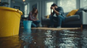 Water flooding a living room floor with a yellow bucket in the foreground and a distressed couple in the background.