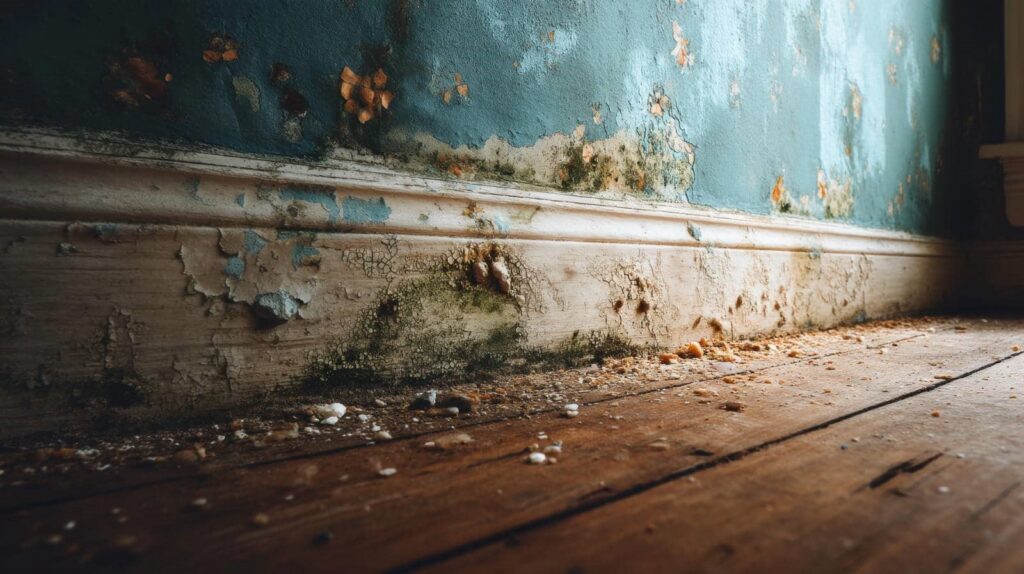 Peeling paint and mold damage on a blue wall and baseboard above a wooden floor.